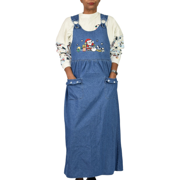 Vintage Christmas Dress Blue Jean Pinafore Bib Overall Jumper Santa Maxi Small - Picture 11 of 13